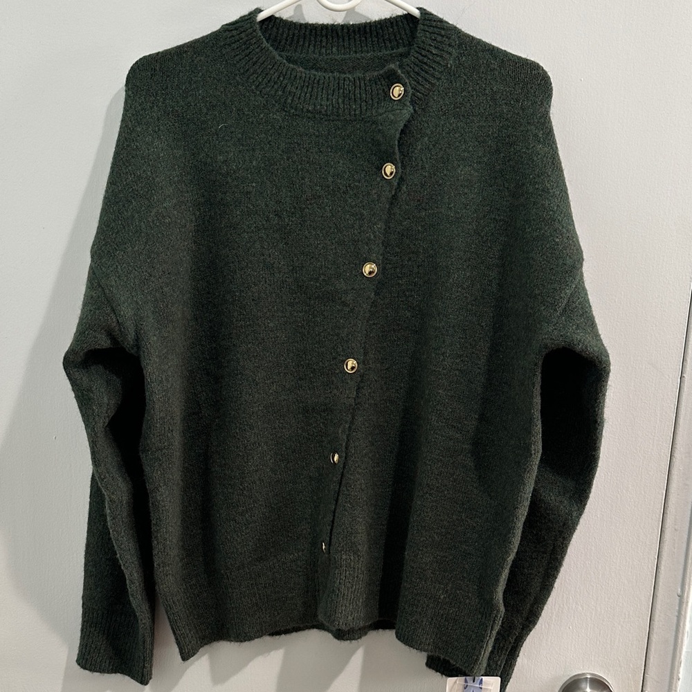 Brand New! Cider Forest Green Asymmetrical Button Cardigan